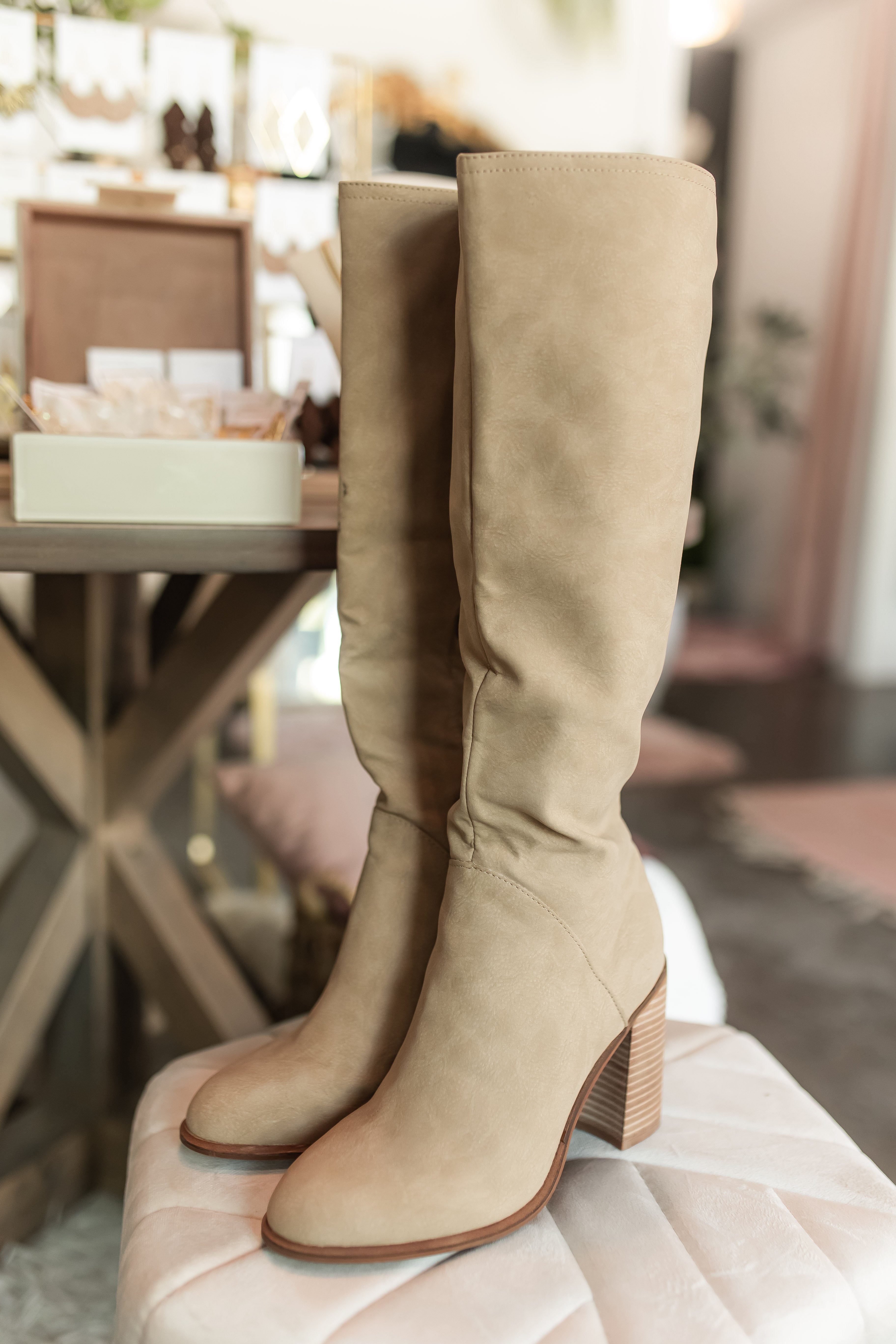 Beige boots knee high online